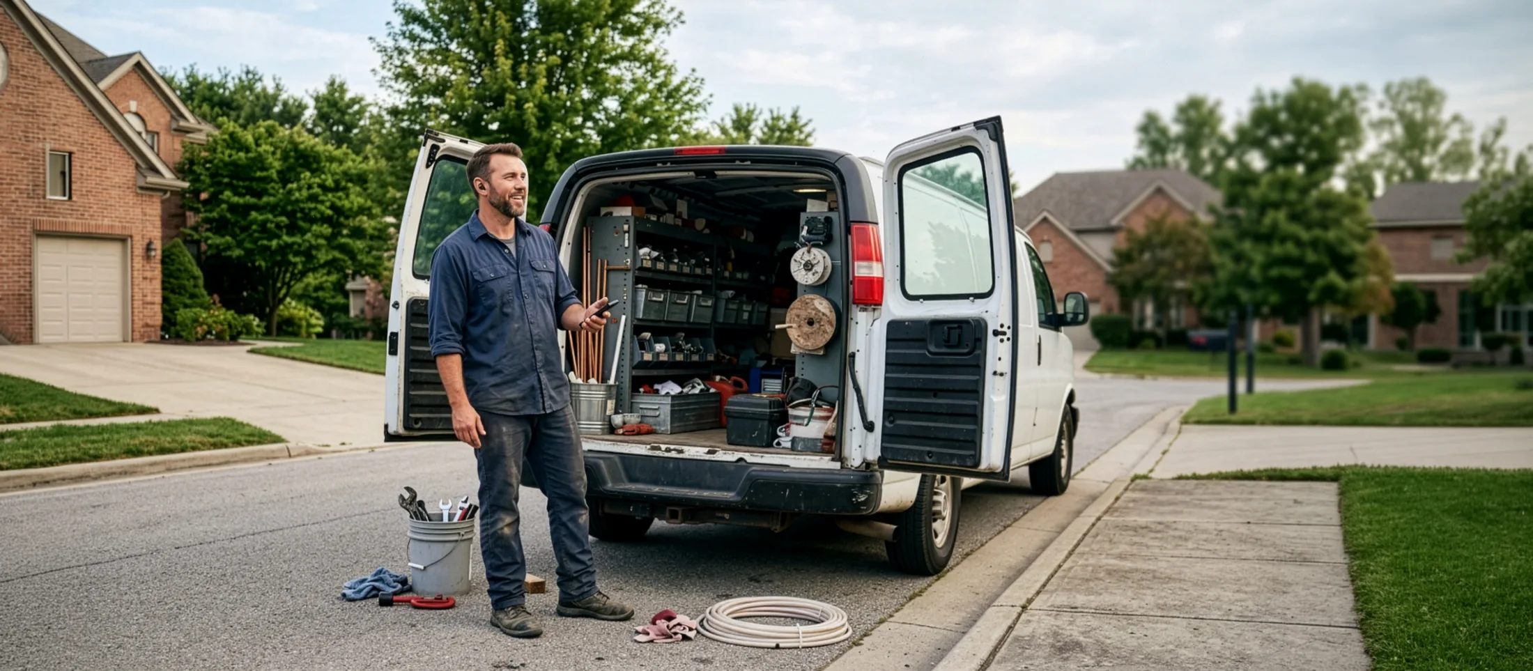Plumbing technician standing beside an open service van at a residential job site, using voice while holding a phone.
