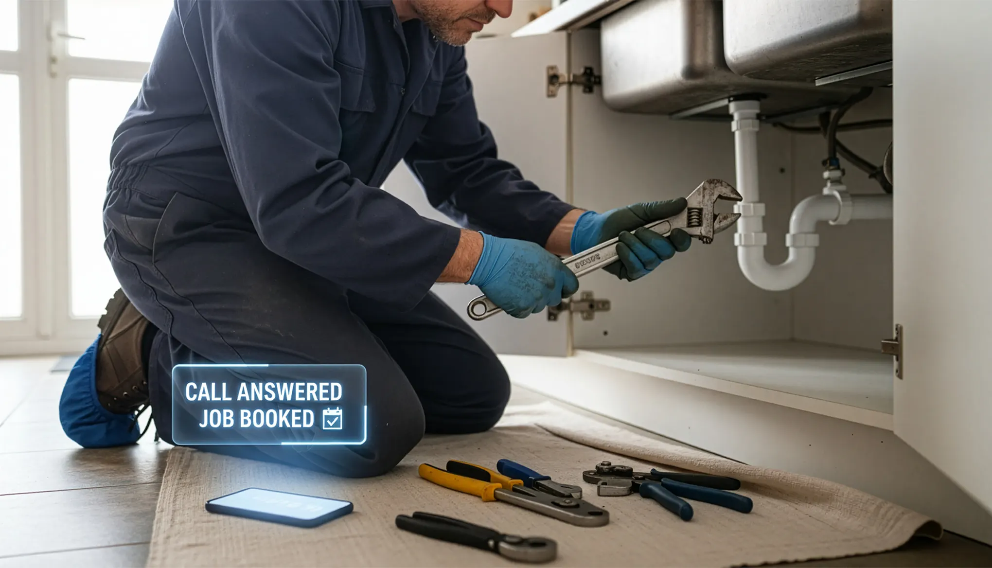 Plumber working on sink while a call is automatically answered and a job booked